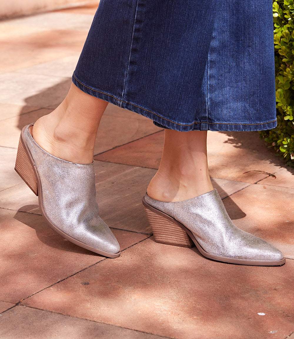 Seychelles Morning Joe mule boots in pewter suede with pointed toe and stacked heel, slip-on backless design.