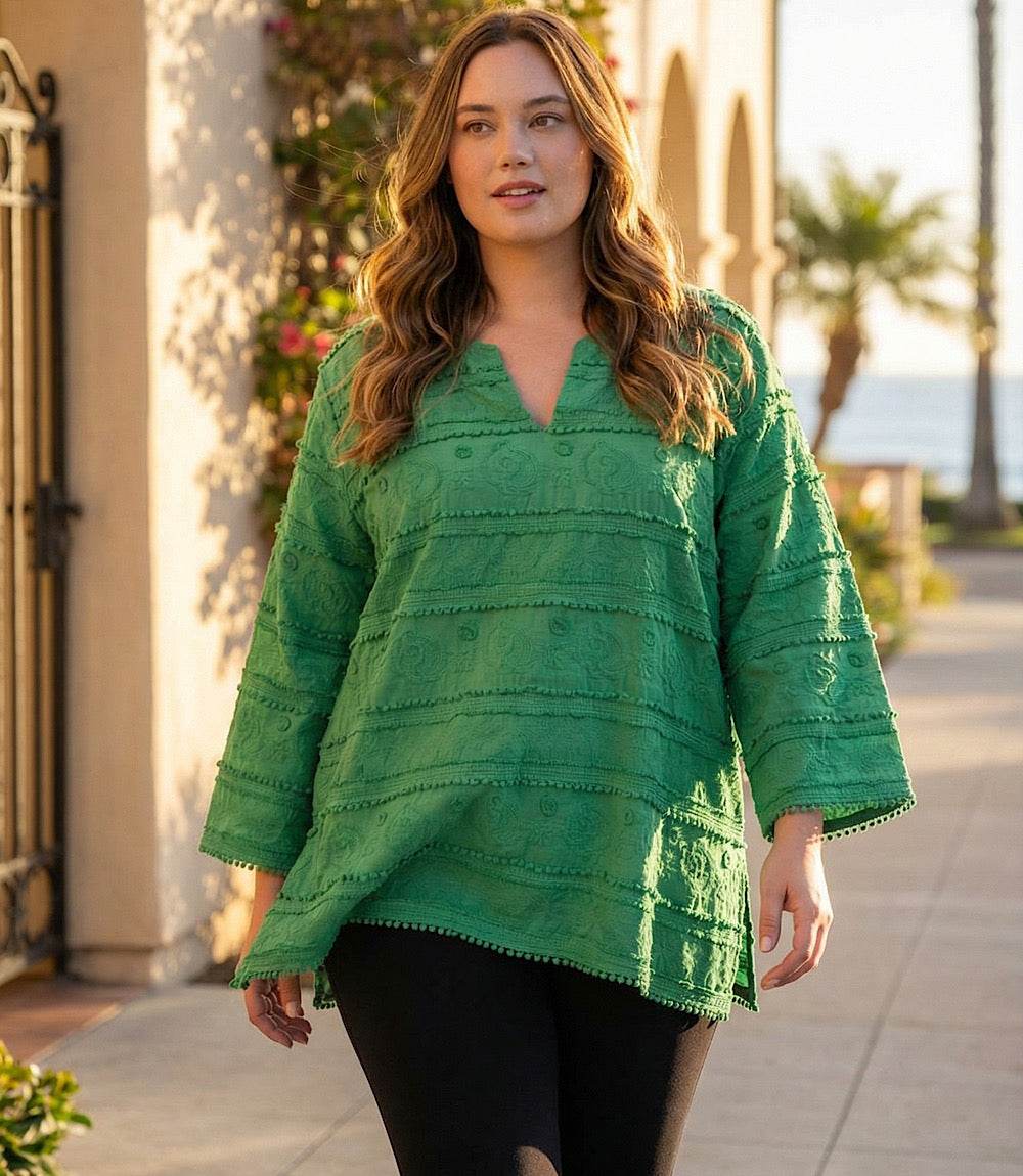 Plus size 3/4 sleeve embroidered tunic with split neckline and cotton fabric
