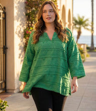 Plus size 3/4 sleeve embroidered tunic with split neckline and relaxed fit