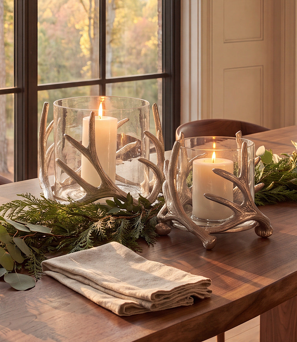 Small Silver Antler Hurricane Candleholder