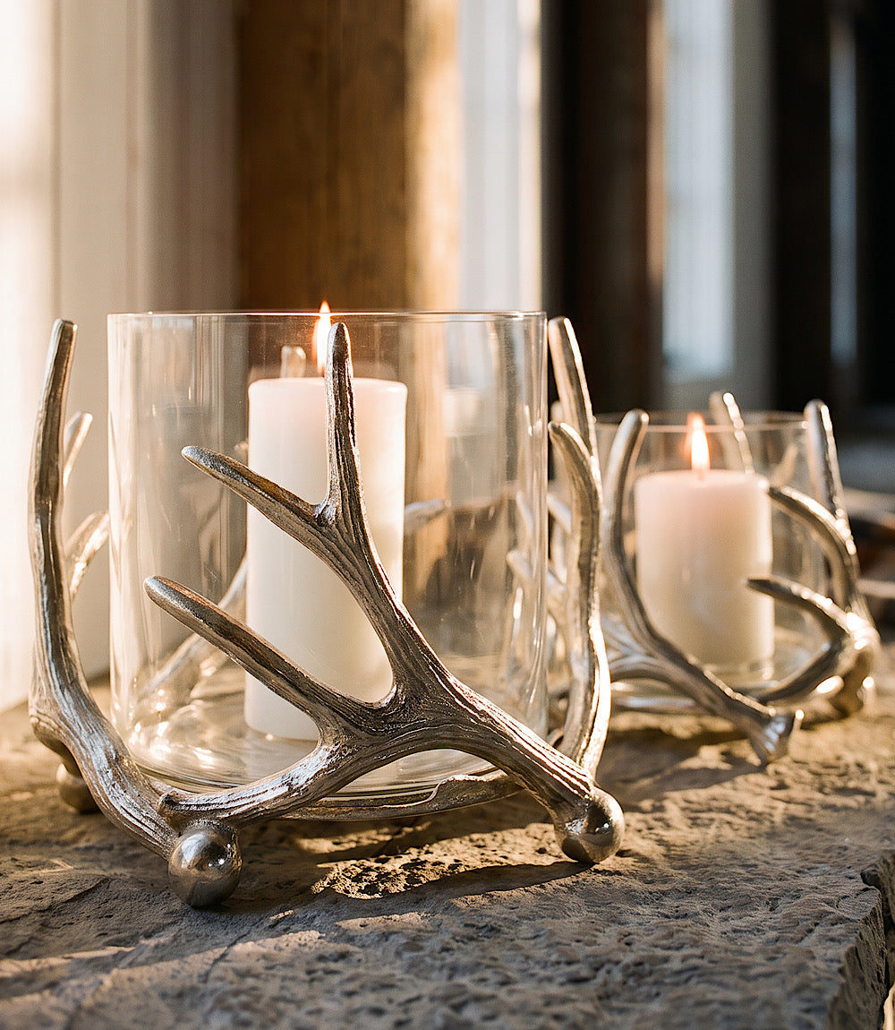 Small Silver Antler Hurricane Candleholder