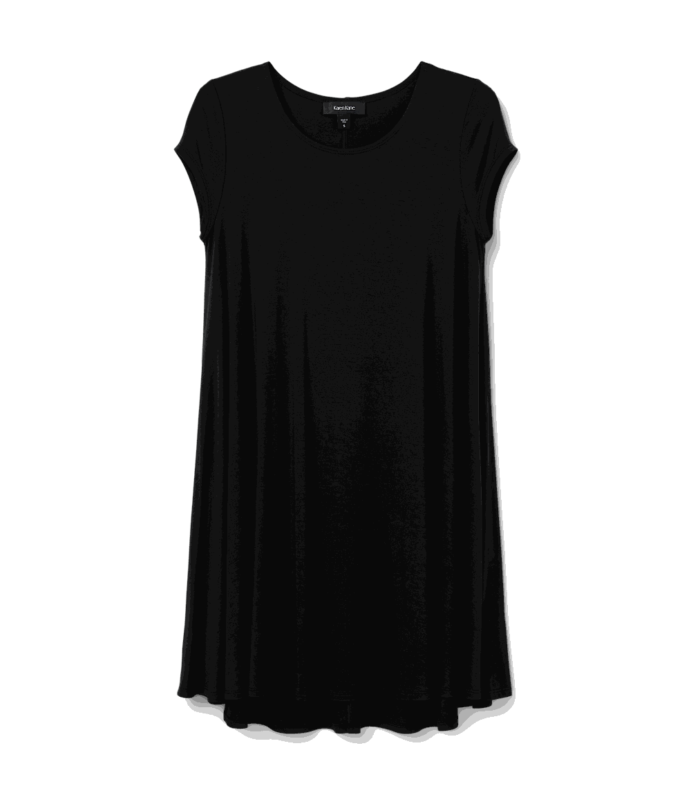 Black Maggie Trapeze Dress with cap sleeves, boat neckline, and high-low hem made of stretch-jersey knit