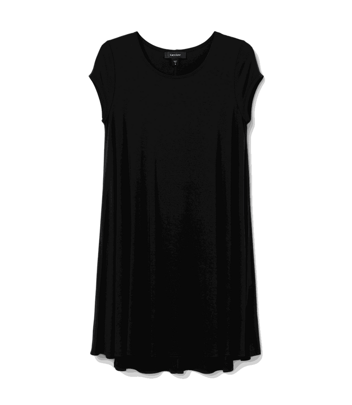 Black Maggie Trapeze Dress with cap sleeves, boat neckline, and high-low hem made of stretch-jersey knit