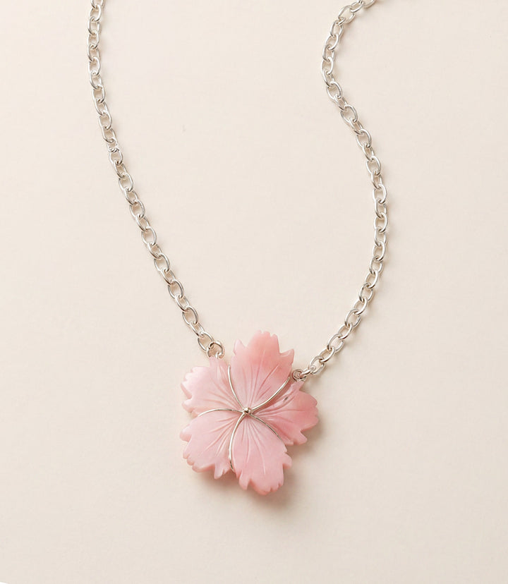 Carved Pink Conch Flower Pendant Necklace