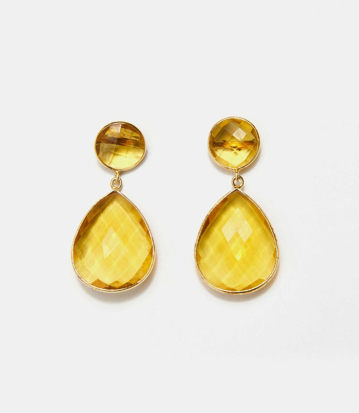 Teardrop gemstone citrine drop earrings with gold plating, elegant and sophisticated design