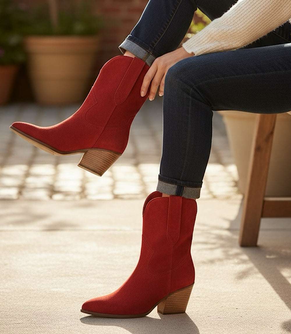 Seychelles Line Dance red leather Western boots with pointed toe and stacked heel worn with jeans