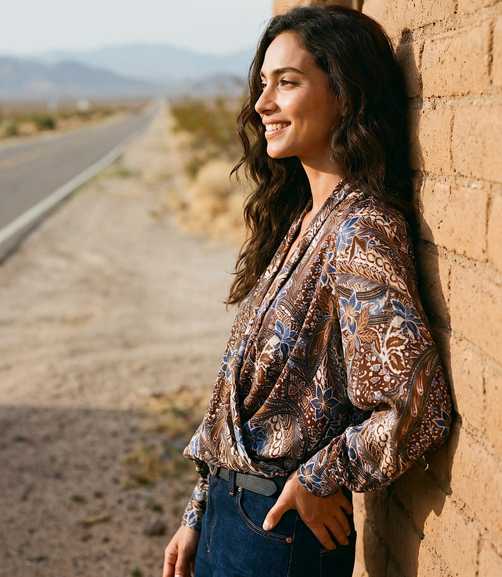 Long Sleeve Contrast Double Layer Wrap Top