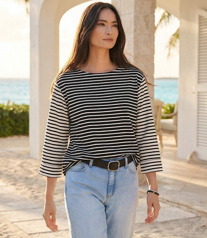 Contrast stripe cuffed sleeve top with 3/4 sleeves and scoop neck in stripe ponte knit fabric