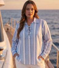 Plus size eyelet lace-up top with collared neckline and blue vertical stripes in linen blend fabric