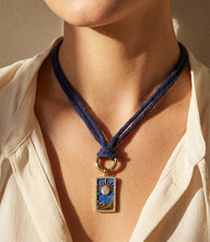 Night Sky Pendant cord necklace with gold frame and adjustable navy cotton cord