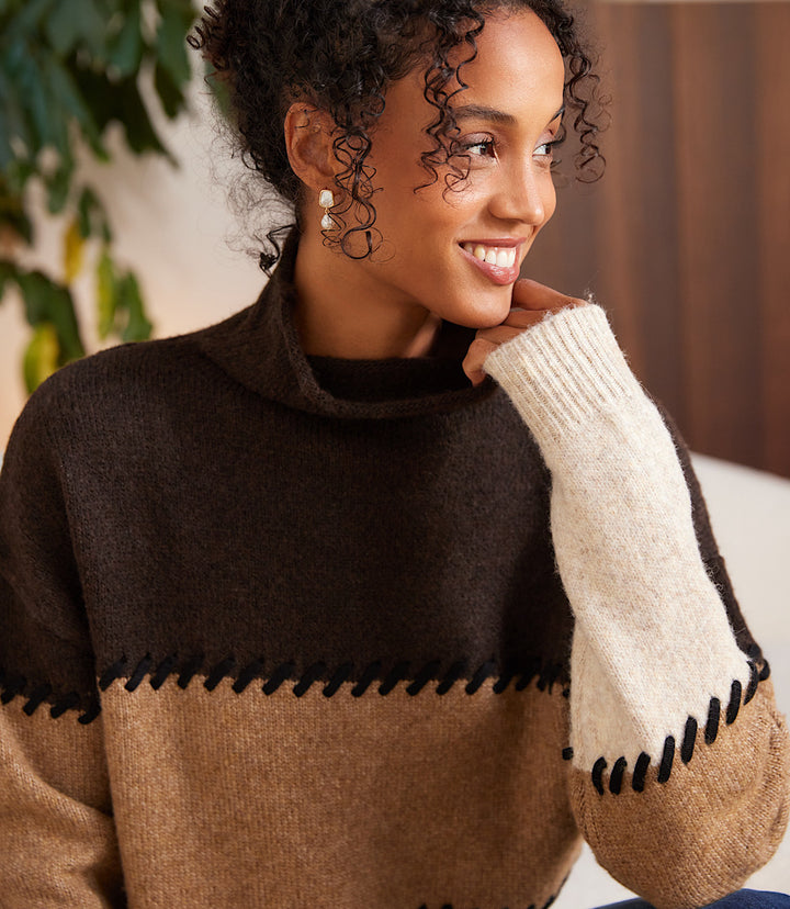 Petite Size Contrast Stitch Mock Neck Colorblock Sweater