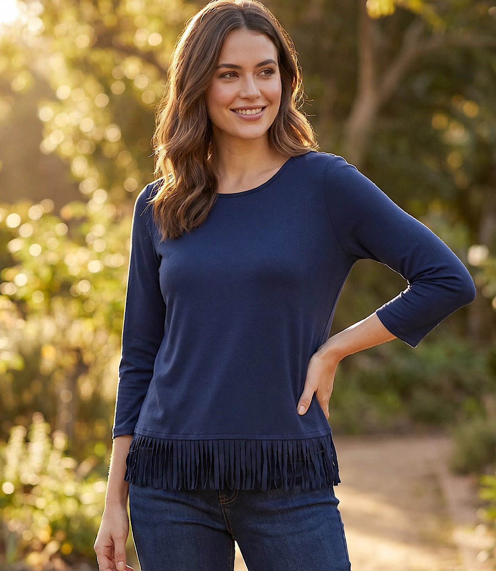 3/4 Sleeve Fringe Boatneck Top