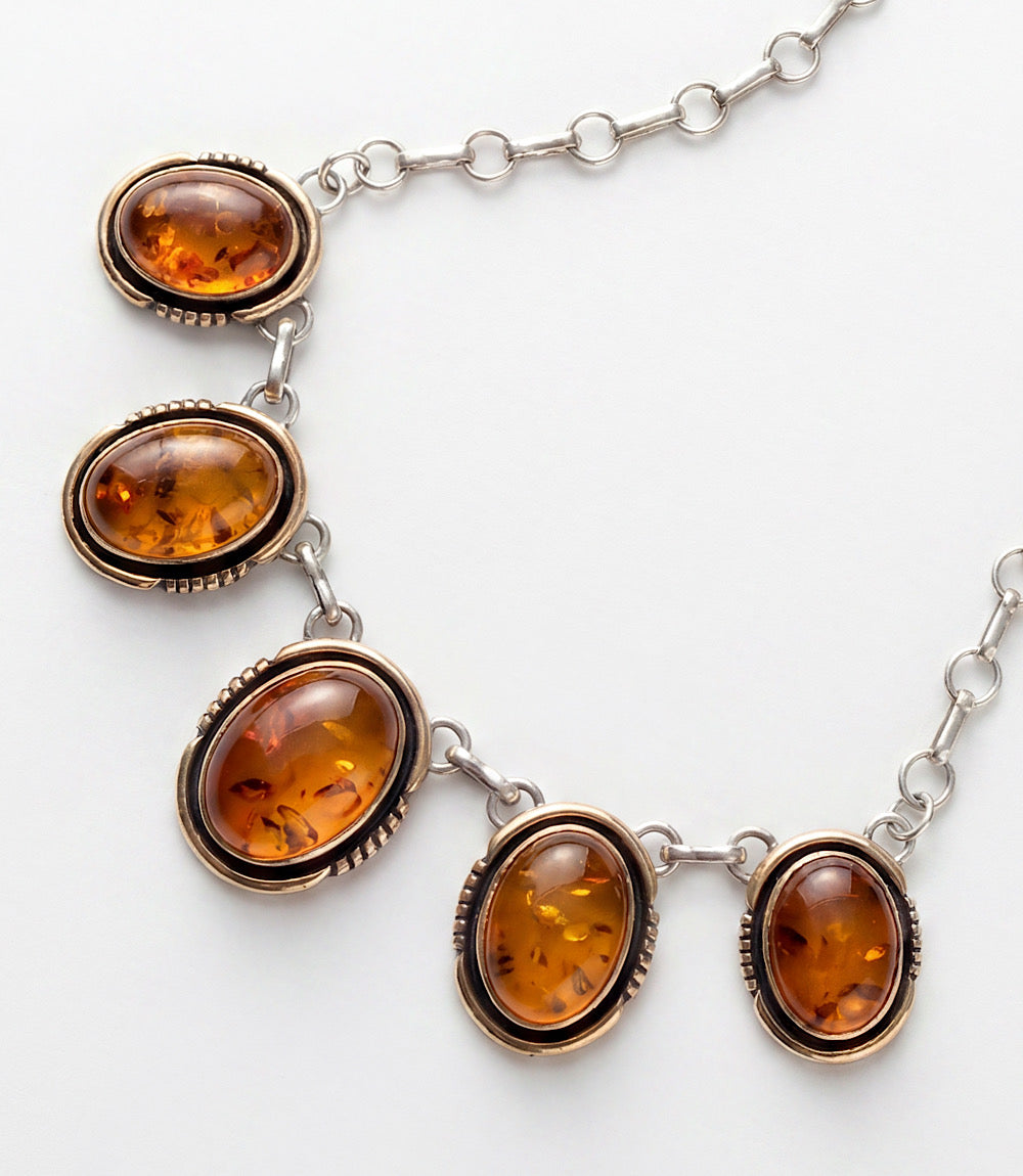 Vintage Amber Station Necklace And Earring Set