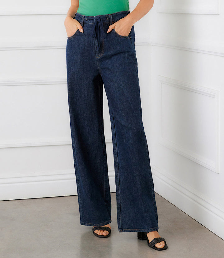 Denim Drawstring Wide-Leg Pants