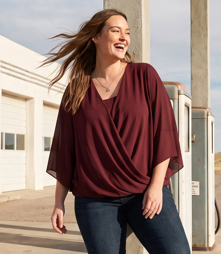 Plus Size Bracelet Sleeve Drape Front Crossover Top