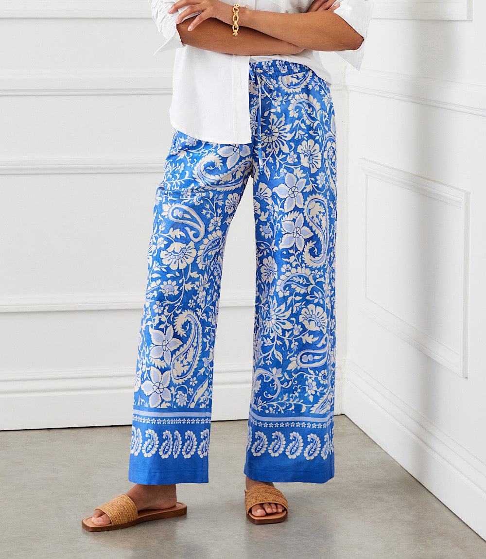 Blue paisley print drawstring pants with elastic waist and wide leg for women