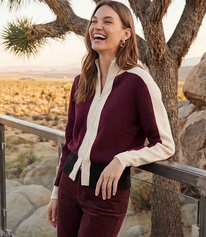 Petite Size Colorblock Zip-Up Cardigan Sweater