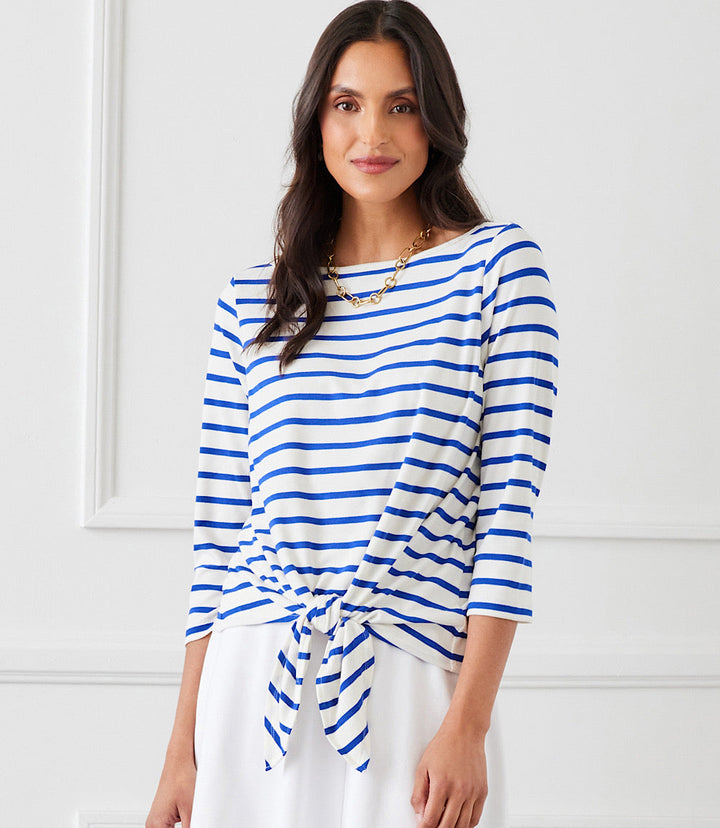 Petite size blue and white stripe boatneck top with tie-front hem and 3/4 sleeves