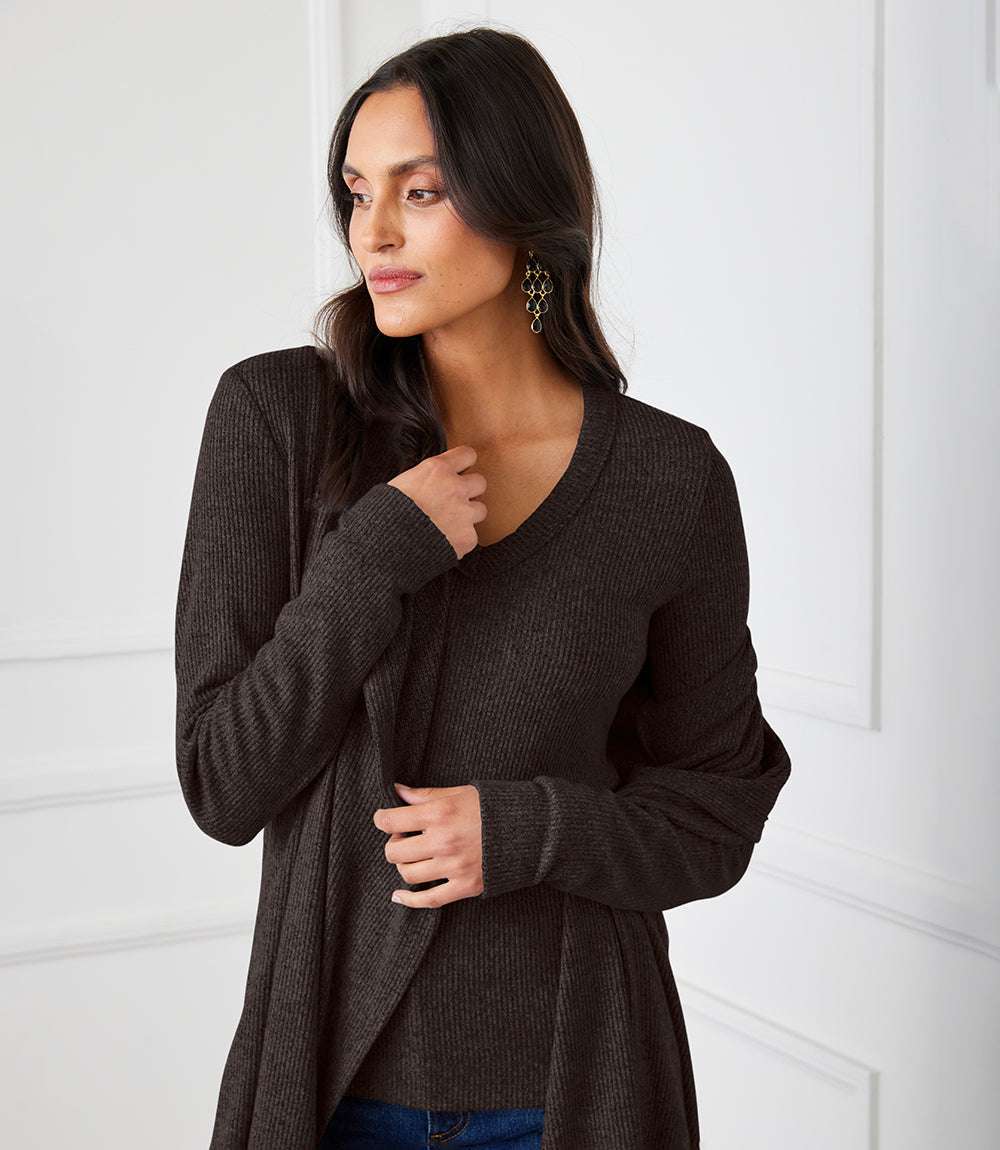 Long Sleeve Ribbed Drape Front Cardigan