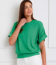 Women’s ribbed cuffed sleeve top with crew neck and dropped shoulders in soft knit fabric