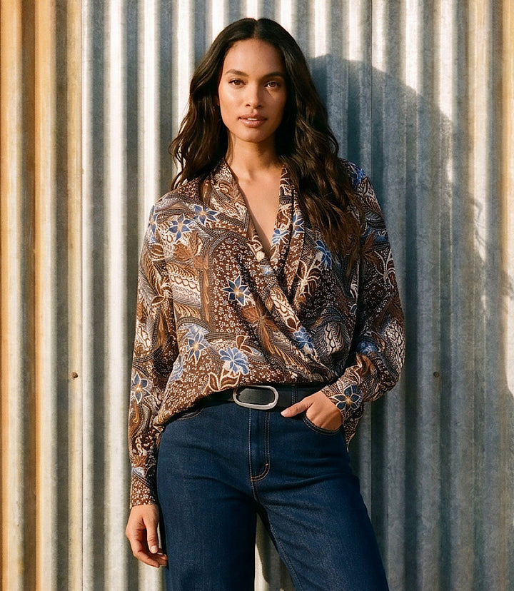 Long Sleeve Contrast Double Layer Wrap Top