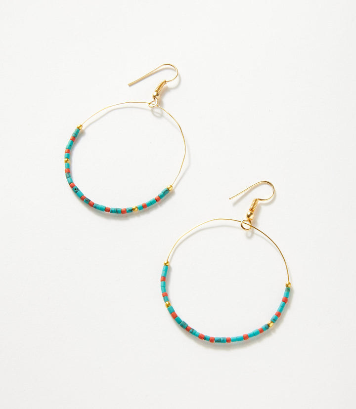 Turquoise And Red Coral Hoop Earrings