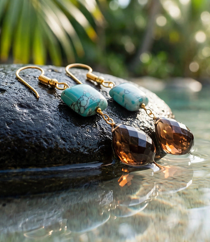 Mixed turquoise gemstone drop earrings with marbled stones and faceted brown teardrop gems in gold-tone setting