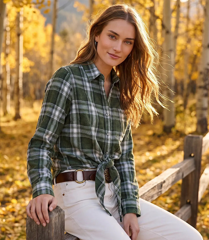 Long Sleeve Plaid Tie-Front Shirt