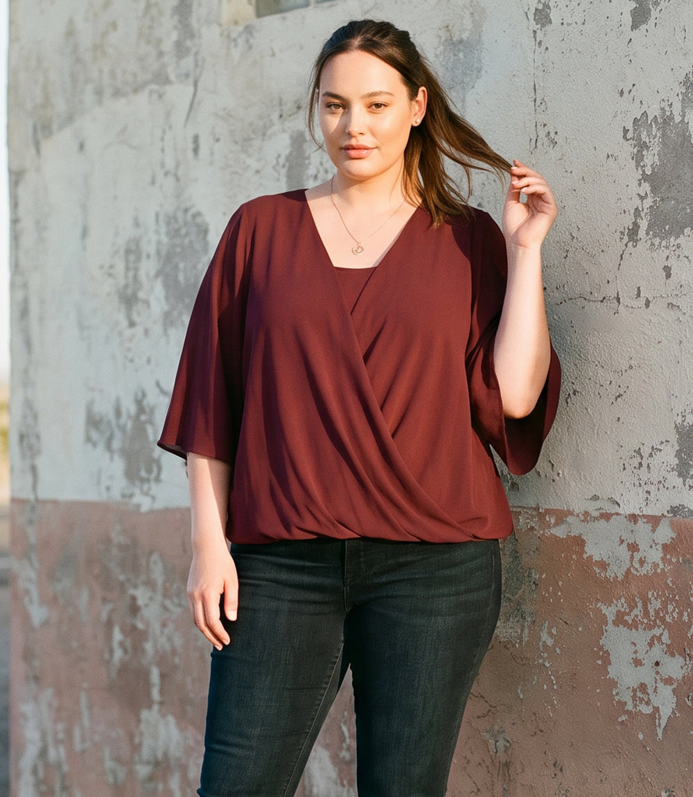 Plus Size Bracelet Sleeve Drape Front Crossover Top