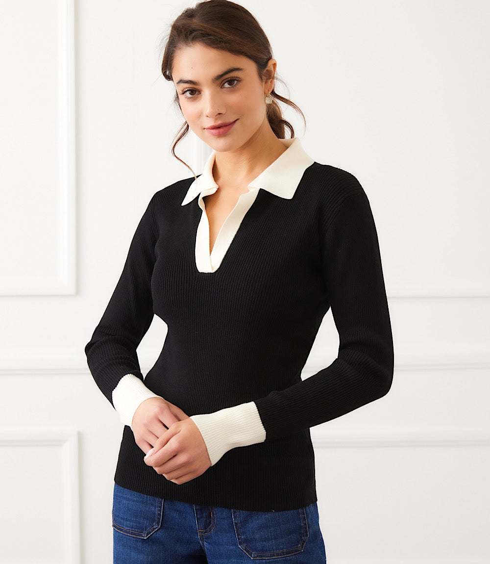 Contrast Ribbed Polo Sweater