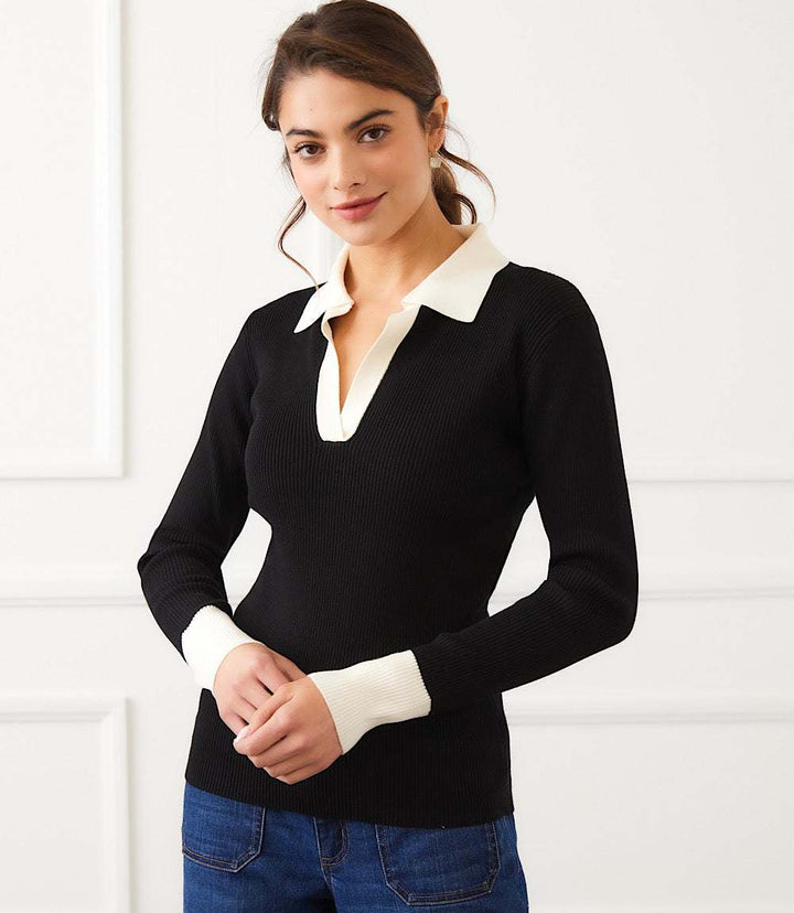 Contrast Ribbed Polo Sweater