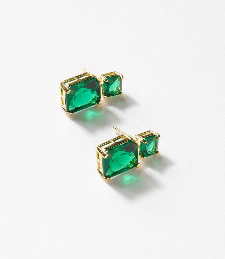 Princess cut drop earrings with emerald gemstones set in 14K gold plated minimalist frame