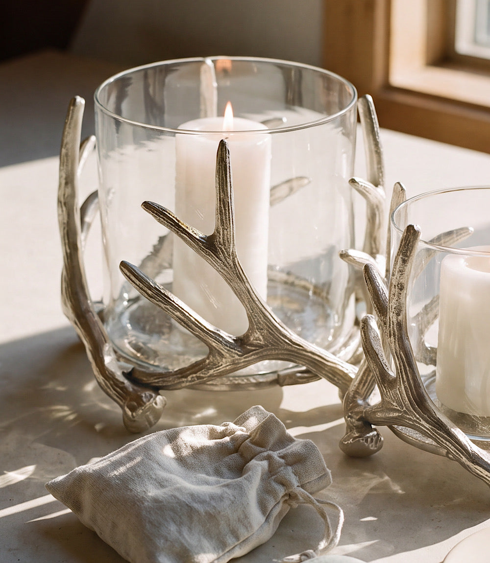 Large Silver Antler Hurricane Candleholder