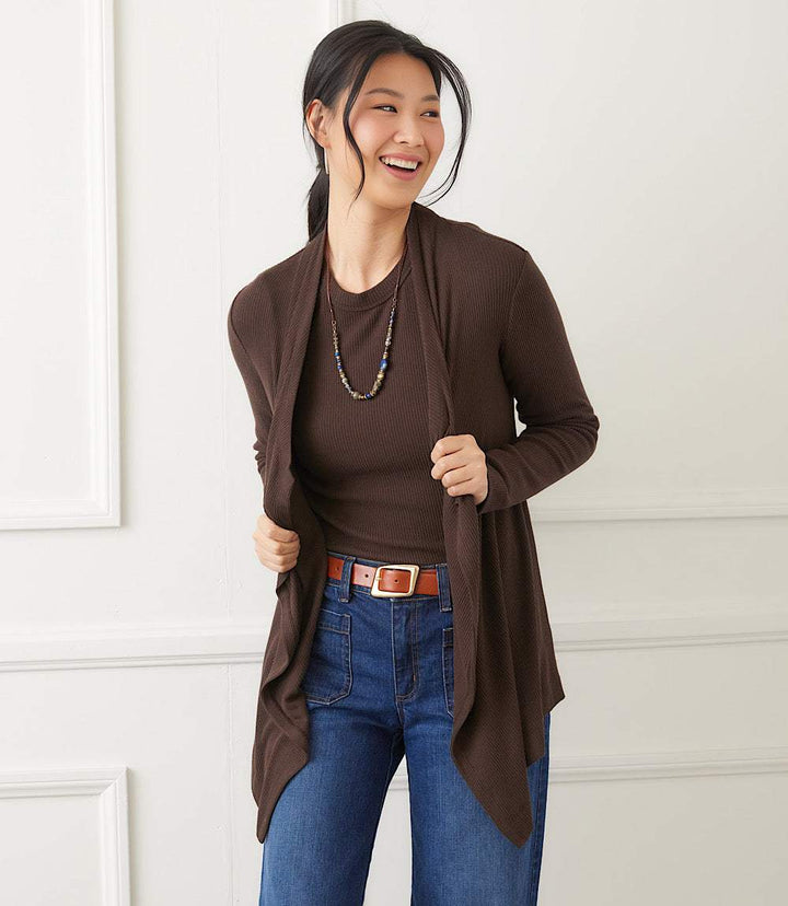 Long Sleeve Ribbed Drape Front Cardigan