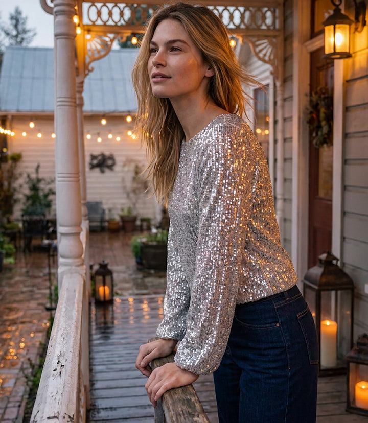 Sequin Blouson Sleeve Boatneck Top