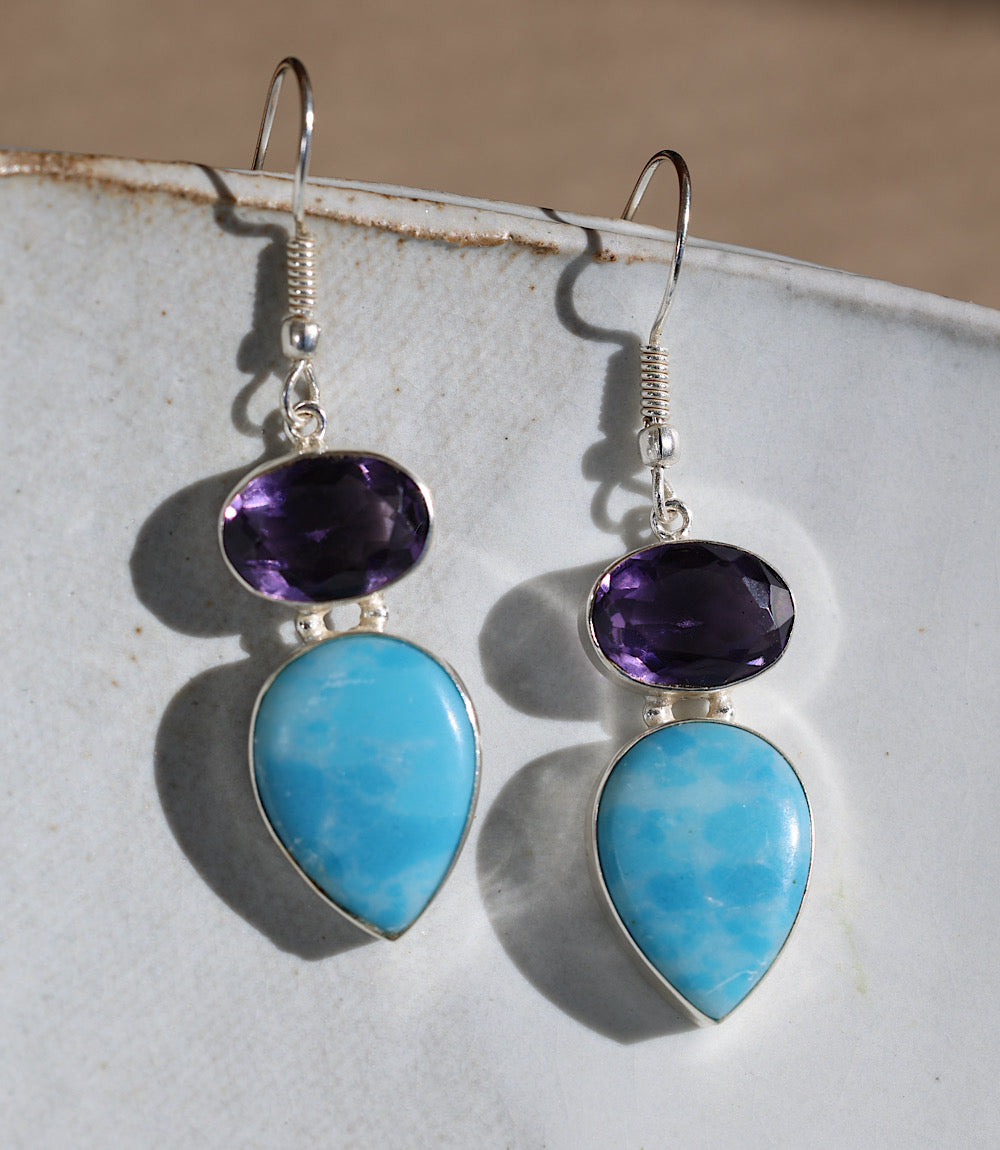 Larimar And Amethyst Drop Earrings