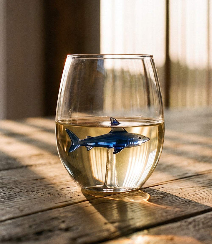 Shark stemless wine glass with detailed shark design, hand blown, 20 oz capacity, ocean-inspired drinkware