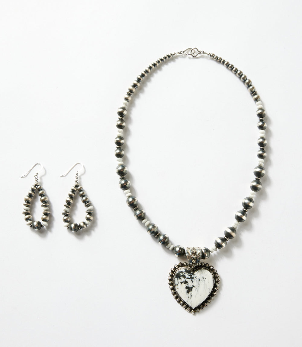 White Buffalo And Navajo Pearl Heart Necklace And Earring Set