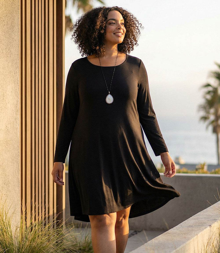 Plus size long sleeve Maggie dress with scoop neck and high-low hem in soft rayon spandex jersey