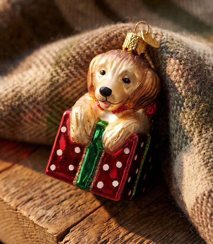 Golden Puppy Surprise Glass Ornament