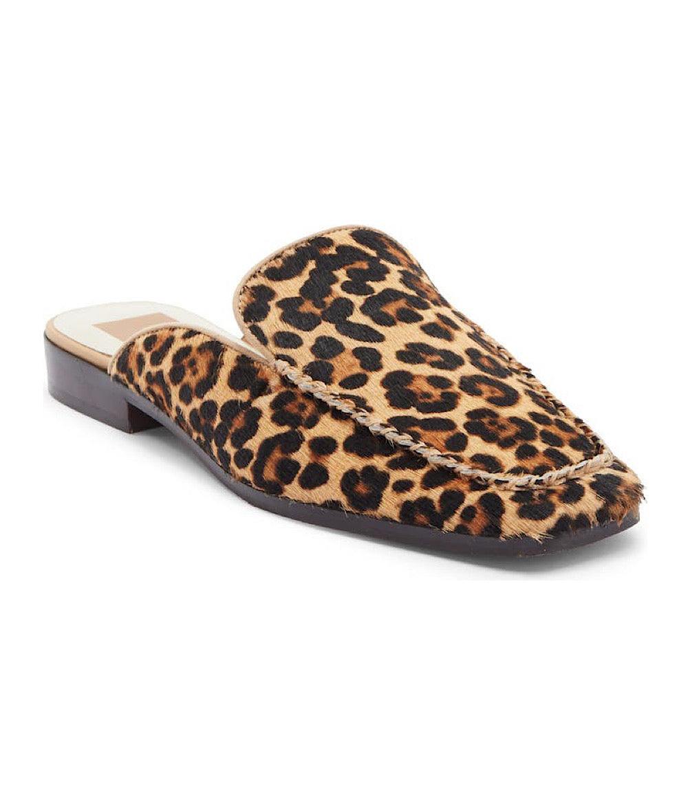 Dolce Vita Bradly Calf Hair Mules leopard print slip-on loafers with low heel and square toe