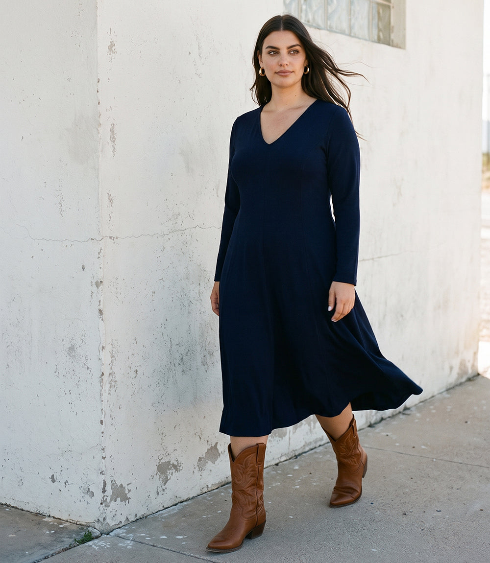 Plus Size Kate V-neck midi travel jersey dress with long sleeves and subtle flare skirt