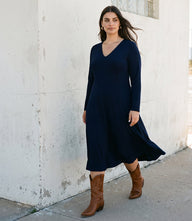 Plus Size Kate V-neck midi travel jersey dress with long sleeves and subtle flare skirt