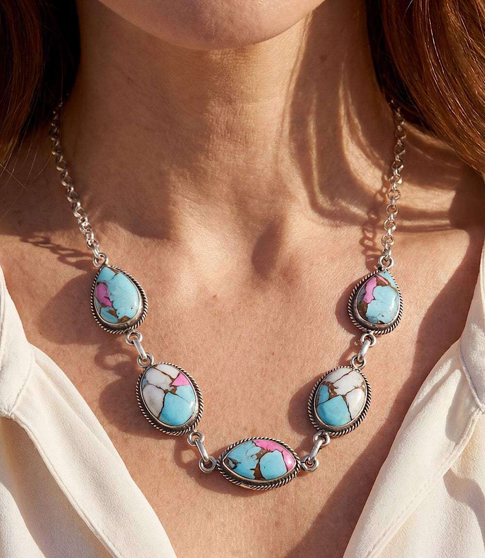 Cotton Candy Turquoise Link Necklace with pink and blue marbled stones set in sterling silver links