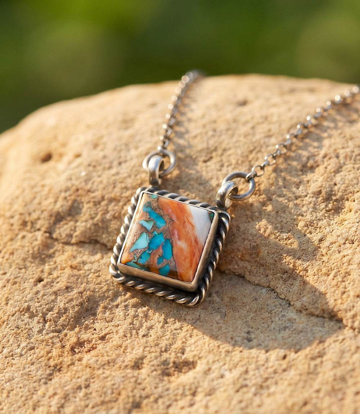 Spiny Oyster Turquoise square pendant necklace in sterling silver with geometric design on delicate chain