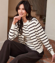 Brown stripe cardigan sweater with button-down front and ribbed edges