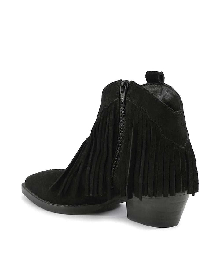 Black suede Seychelles Easy Come Easy Go ankle booties with side fringe, pointed toe, low block heel, and side zipper closure.