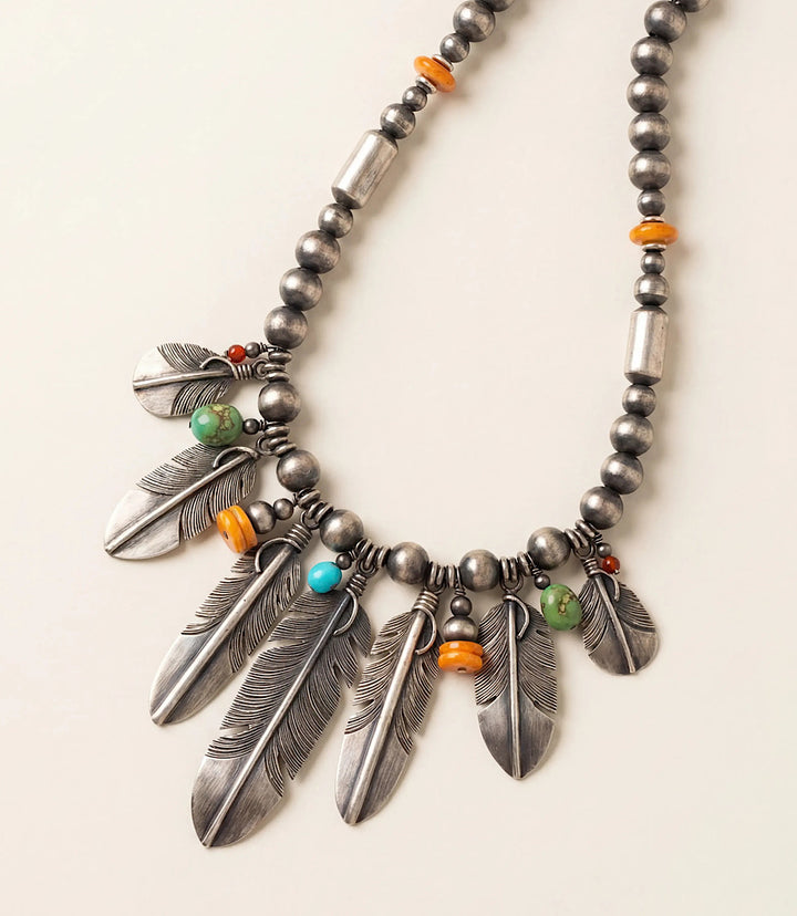 Multi Stone Feather Beaded Turquoise Necklace