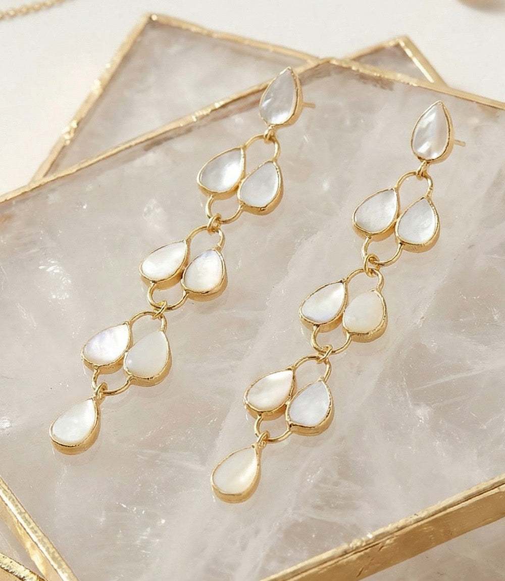 Gold plated Feather Drop Gemstone Earrings with mother of pearl gemstones, 2.75 inches long