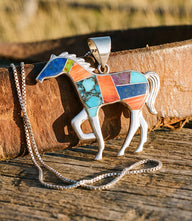 Multi-Stone Inlay Running Horse Pendant Necklace